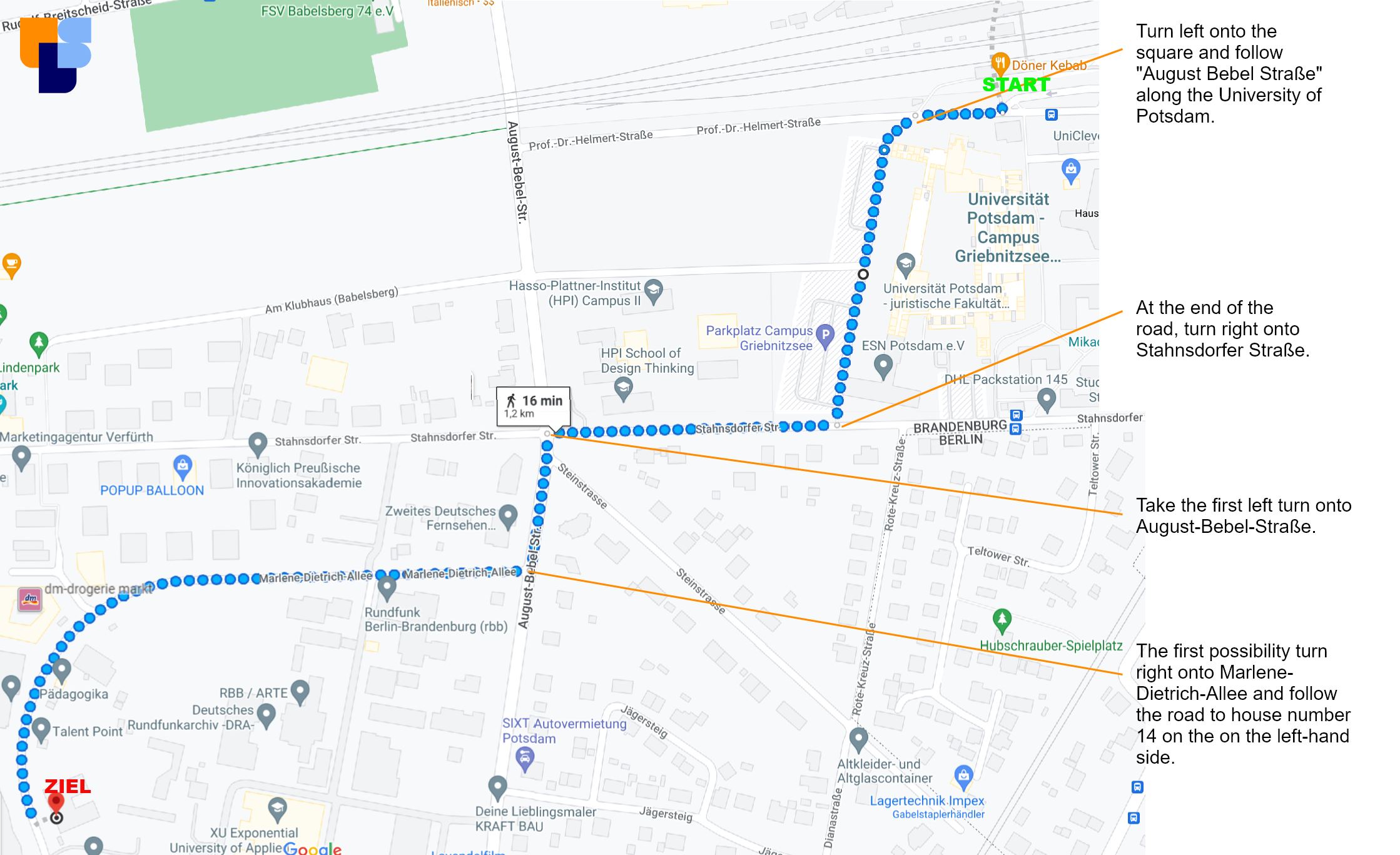 Directions for walking from S-Bahn and train station Griebnitzsee